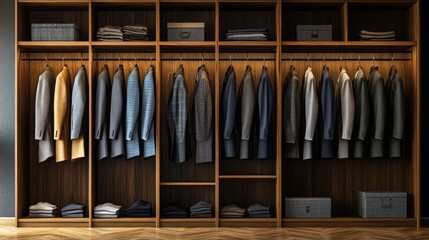 Wooden Closet Displaying Men's Suits and Coats in a Retail Setting