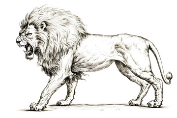 Pencil drawing of angry and fierce lion from side view, white background	