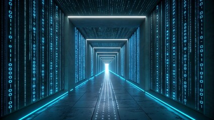 Futuristic data stream corridor glows with vibrant blue light and binary code for tech innovation