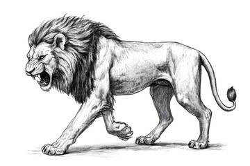 Pencil drawing of angry and fierce lion from side view, white background	