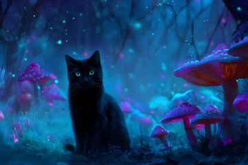 A small black cat with green eyes sits in a field of glowing mushrooms, illuminated by bright blue and pink bioluminescence, the backdrop of a lush forest and fog creates a magical atmosphere