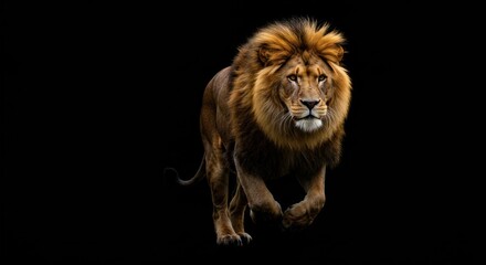 Fototapeta premium Majestic lion strides forward with confidence against a stark black backdrop