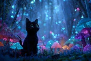 A small black cat with green eyes sits in a field of glowing mushrooms, illuminated by bright blue and pink bioluminescence, the backdrop of a lush forest and fog creates a magical atmosphere