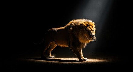 Obraz premium Majestic lion walking through the shadows illuminated by a single light beam