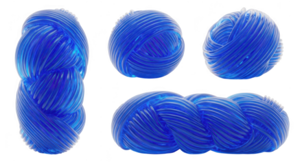 3D-rendered blue braided rope in several views showcasing texture on a white background ideal for design assets