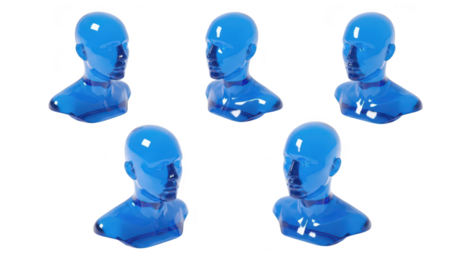 Blue translucent busts arranged on white surface showing perspectives Ideal for design art conceptual visualization or user interface mockups