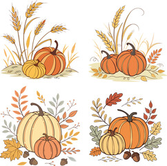 Autumn Pumpkin Illustrations set of  with Harvest Elements and Seasonal Leaves