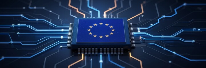 Computer processor with the flag of the European Union on a circuit board symbolizing European technology and innovation