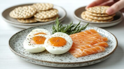 Breakfast plate with eggs, salmon, and crackers.  Hand reaching for crackers
