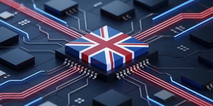 Computer processor with the flag of the United Kingdom on a circuit board symbolizing British technology and innovation - Powered by Adobe