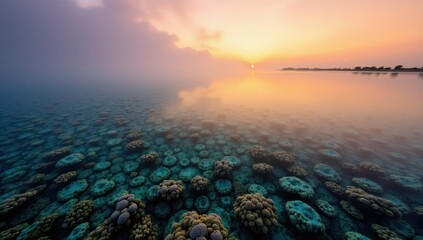 Serene Sunrise over Shallow Coral Reef: Ideal for travel, nature, and environmental conservation designs.