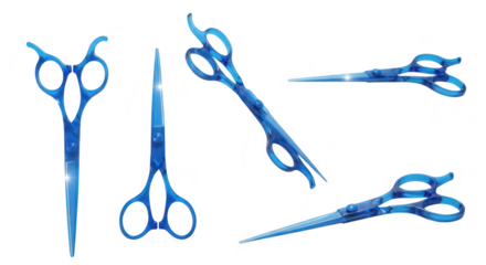 Blue hair shears in various positions on a white surface isolated with soft lighting showcasing professional haircutting tools