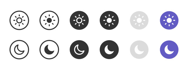 Sun and moon icon. Day and night mode adjustment buttons vector illustration. Brightness and dark mode toggle symbol. User interface and settings sign pictogram.