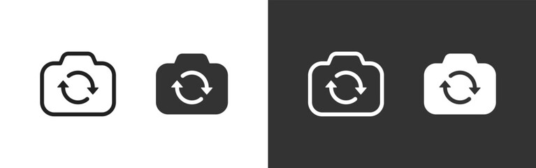 Camera switch icon. Smartphone camera with rotating arrows showing flip between front and back lenses vector illustration. Mobile selfie and photo change symbol. Lens direction swap sign pictogram.
