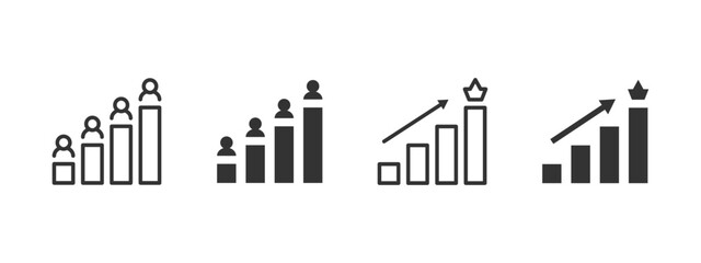 Obraz premium Growth chart icon. People on ascending bar chart representing success and leadership vector illustration. Career progress and business performance improvement symbol. Achievement ranking pictogram.