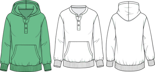 Hooded sweatshirt CAD drawing, front back views, green white variation, buttoned placket, kangaroo pocket, fashion sketch, vector template, apparel design