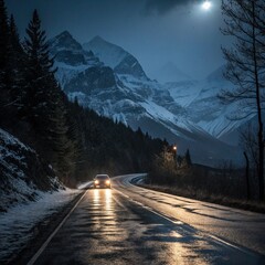Dark Wet Road Leading to Snowy Mountains at Night