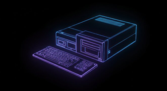 Retro computer system with futuristic neon glow effect in a digital artwork style