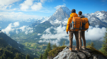 Two hikers in bright orange jackets stand on rocky outcrop, gazing at breathtaking mountain landscape with lush valleys and clouds, capturing the essence of adventure and exploration