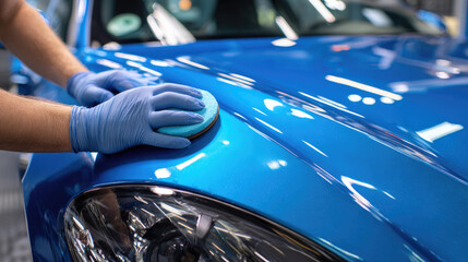 Car detailing with blue sponge and gloves polishing shiny blue car hood in auto body shop, reflecting bright lights, showing careful maintenance and high standard care for vehicle surface