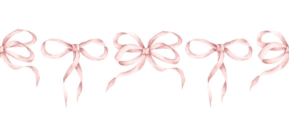 Pink dreams. Watercolor hand-drawn horizontal border with pink ribbon bows. Seamless pattern for baby girl. Fairytale print for kids.