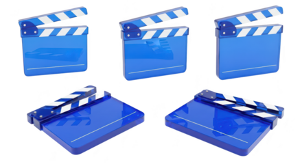 Several blue clapperboards open and closed on a white surface representing filmmaking production and media creation