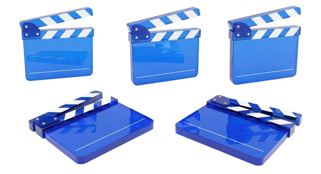 Several blue clapperboards open and closed on a white surface representing filmmaking production and media creation