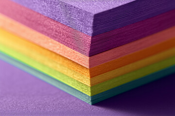 Fototapeta premium Stack of colorful textured paper sheets in rainbow gradient purple pink orange yellow green blue image