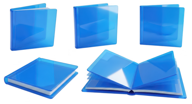 Blue transparent book icons in various positions against a white background visualizing information access documentation or data