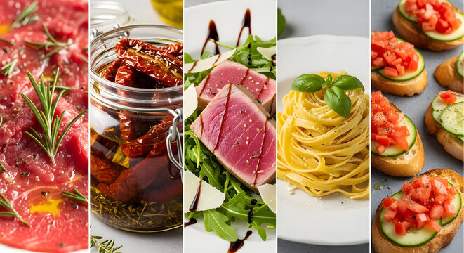 Italian Inspiration: Gourmet Ingredients Separated by Style for food magazine spreads, cooking class advertisements, high-end grocery branding highlighing authentic Italian ingredients, infographics