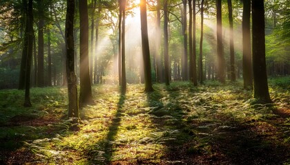 Fototapeta premium enchanted forest illumination captivating light beams in a mystical woodland setting