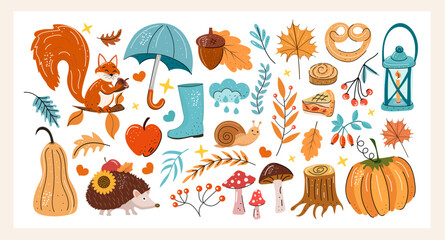 Autumn vector elements set. Cozy fall stickers. Leaves, pumpkins, umbrella, hedgehog. The inscription hello fall. Isolated background. Illustration in the hand drawn style.