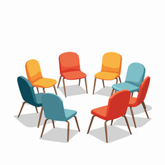 Empty chairs arranged in circle represent support group gathering. Support group meetings need seating, with chairs ready for participants to share, listen, and connect.