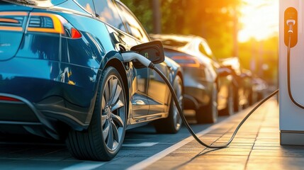 Naklejka premium Sleek electric vehicles parked and charging at a modern public charging station in a scenic natural setting with a bright sunny atmosphere