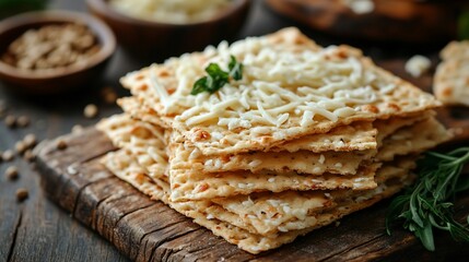 Fototapeta premium Stacked cheese crackers on wooden board, seasonings in background