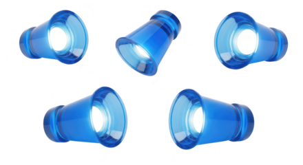 Blue glass megaphone icons various angles radiating light on a white backdrop symbolizing announcements communication or advertising