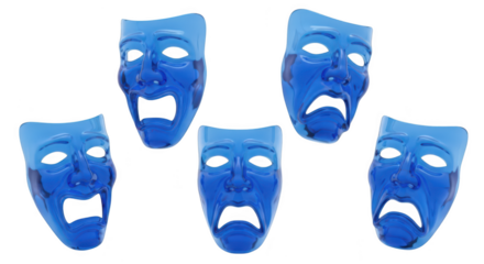 Five blue theatre masks representing sadness arranged in a group on a white backdrop for performance education and emotional concepts