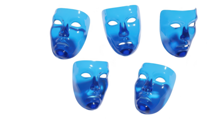 Five translucent blue masks casting shadows on a bright white surface suggesting identity drama and representation