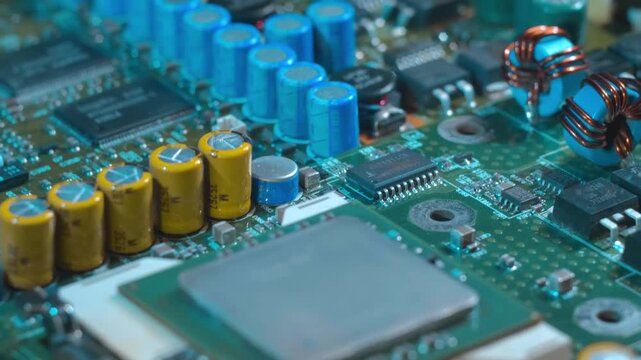 Powerful modern server computer motherboard with processor, with rows of capacitors, microcircuits, transistors and other electronic components. Closeup. Macro. Shallow depth of field. Follow focus
