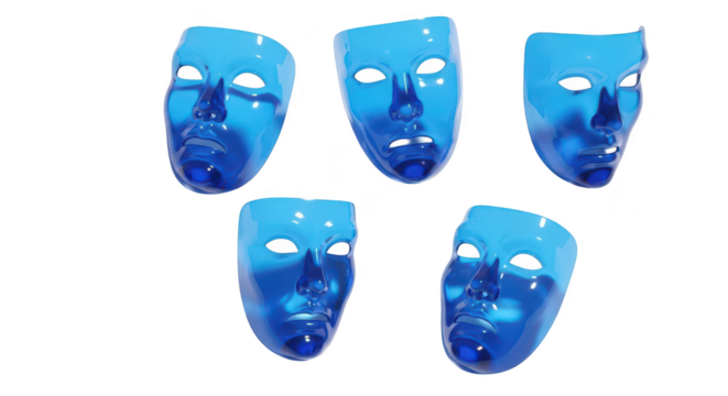 Five translucent blue masks casting shadows on a bright white surface suggesting identity drama and representation