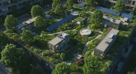 Sustainable urban rooftop garden with solar panels, showcasing green infrastructure and ecological