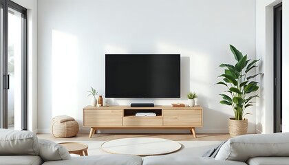 scandinavian minimalist living room with wooden media console, white walls, indoor plants, soft lighting, modern nordic interior design