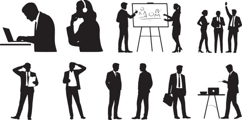 Business People Silhouettes, Diverse Office Workers in Various Poses, Corporate Team and Professionals