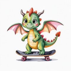 Obraz premium Adorable Green Dragon Skateboarding in a Vibrant Watercolor Illustration Full of Charm and Whimsy