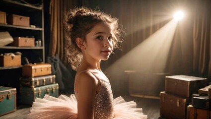 young ballerina stands gracefully in a spotlight, embodying the dreams, dedication, and enchanting world of dance and performance