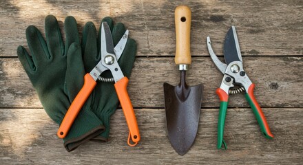 Overhead shot of gardening tools arranged on weathered wood  a pair of green gloves, orange-handled pruning shears, a small trowel with a wooden handle