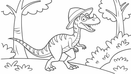 Obraz premium Vector Cartoon funny Dilophosaurus, funny image in the forest, Coloring book page for children. Line Art isolated on white background
