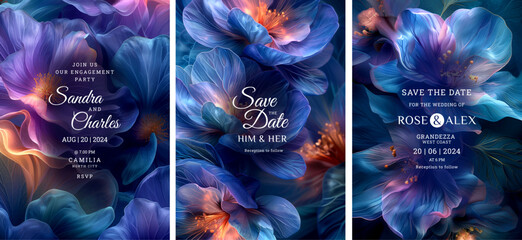 Blue themed blooming wedding invitation template design, Luxury greeting design, save the date design, colorful texture, Hand drawn texture design for invitation