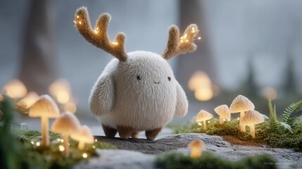 A cute, fluffy creature with antlers stands among glowing mushrooms in a serene, magical forest setting.
