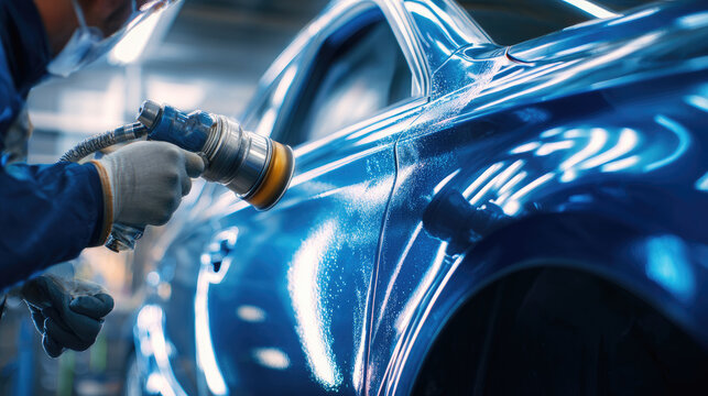 Car polishing process in auto body shop with close up of blue vehicle surface being buffed by worker using electric polisher for shiny finish and maintenance care